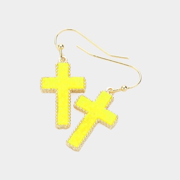 NEW Yellow Druzy Stone Sparkle Cross Gold Dipped Bracelet Necklace Earrings SET - Picture 4 of 7